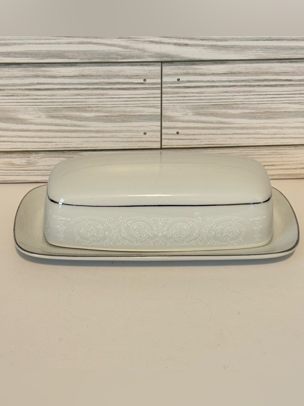 Vintage Southwicke Porcelain Butter Dish With Lid White Lace Pattern Silver Trim